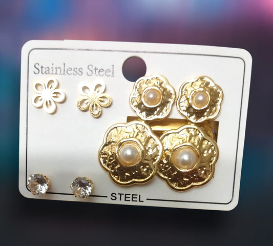 3-Pair Floral Earrings with studs